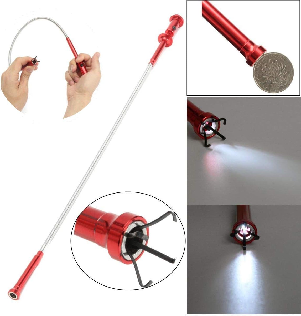 HARDK Claw Magnetic Pick-up Tool 4 Claws with Bright LED light Flexible Spring Magnet Grab Grabber Fingers Prongs for garbage pick up,arm extension