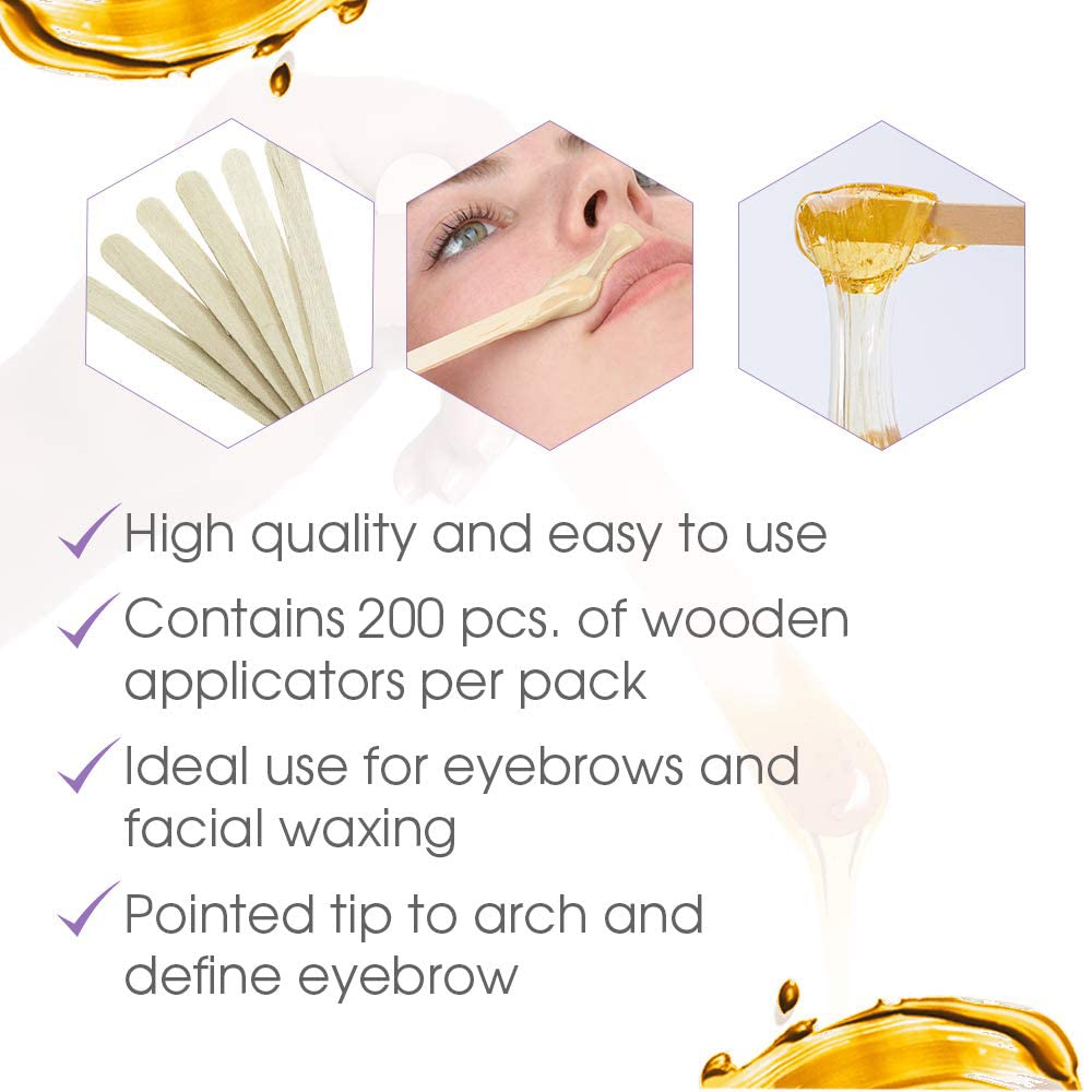 Satin Smooth Wax Sticks for Hair Removal – Contour Wax Applicator Sticks Wooden Waxing Stick Spatulas for Eyebrows & Facial Waxing, 200 ct, 2 Pack