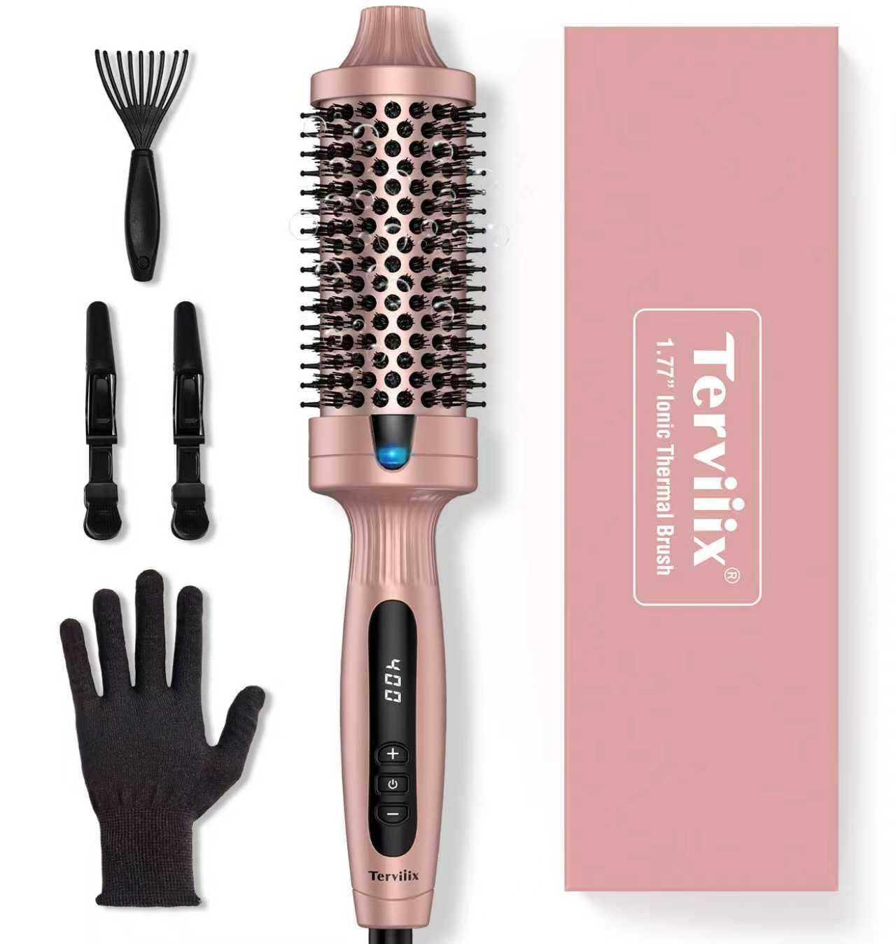 Terviiix 1.77 Inch Thermal Brush, Double MCH Ceramic Hot Brush Tourmaline Ionic 2 in 1 Heated Hair Curling Wand, Digital Display 9 Temperatures Curling Iron Dual Voltage for Long Hair