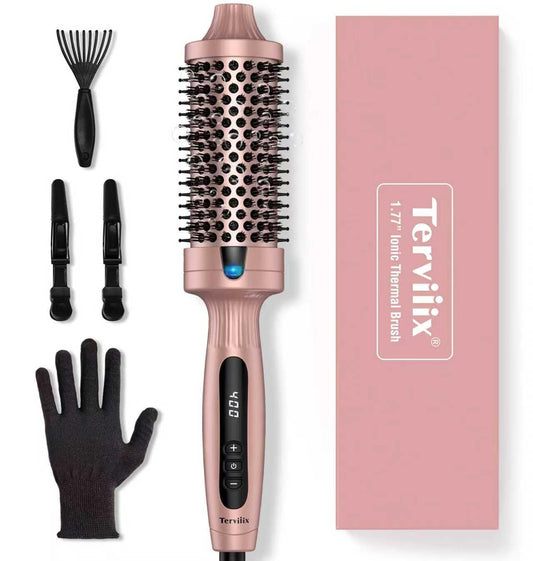Terviiix 1.77 Inch Thermal Brush, Double MCH Ceramic Hot Brush Tourmaline Ionic 2 in 1 Heated Hair Curling Wand, Digital Display 9 Temperatures Curling Iron Dual Voltage for Long Hair