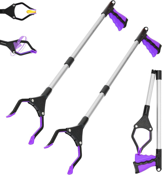 Upgrade 2-Pack Foldable 32" Grabber Reacher Tool, Lightweight Reacher Grabber Pickup Tool with 360° Rotating Jaw & Magnet, Reaching Tool for Trash Pick Up Stick, Litter Picker, Arm Extension (Purple)