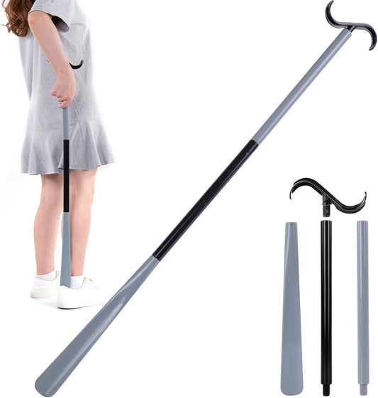 35" Long Dressing Stick with Shoe Horn with Sock Removal Tool, Adjustable Extended Dressing Aids for Shoes, Socks, Shirts and Pants Grey and Black