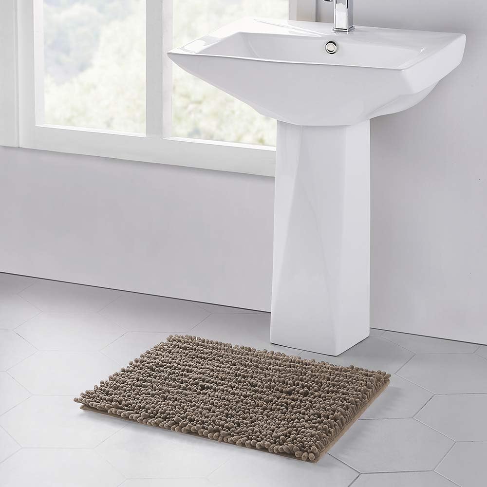 Walensee Bathroom Rug Non Slip Bath Mat (24x17 Inch Taupe) Water Absorbent Super Soft Shaggy Chenille Machine Washable Dry Extra Thick Perfect Absorbant Best Small Plush Carpet for Shower Floor