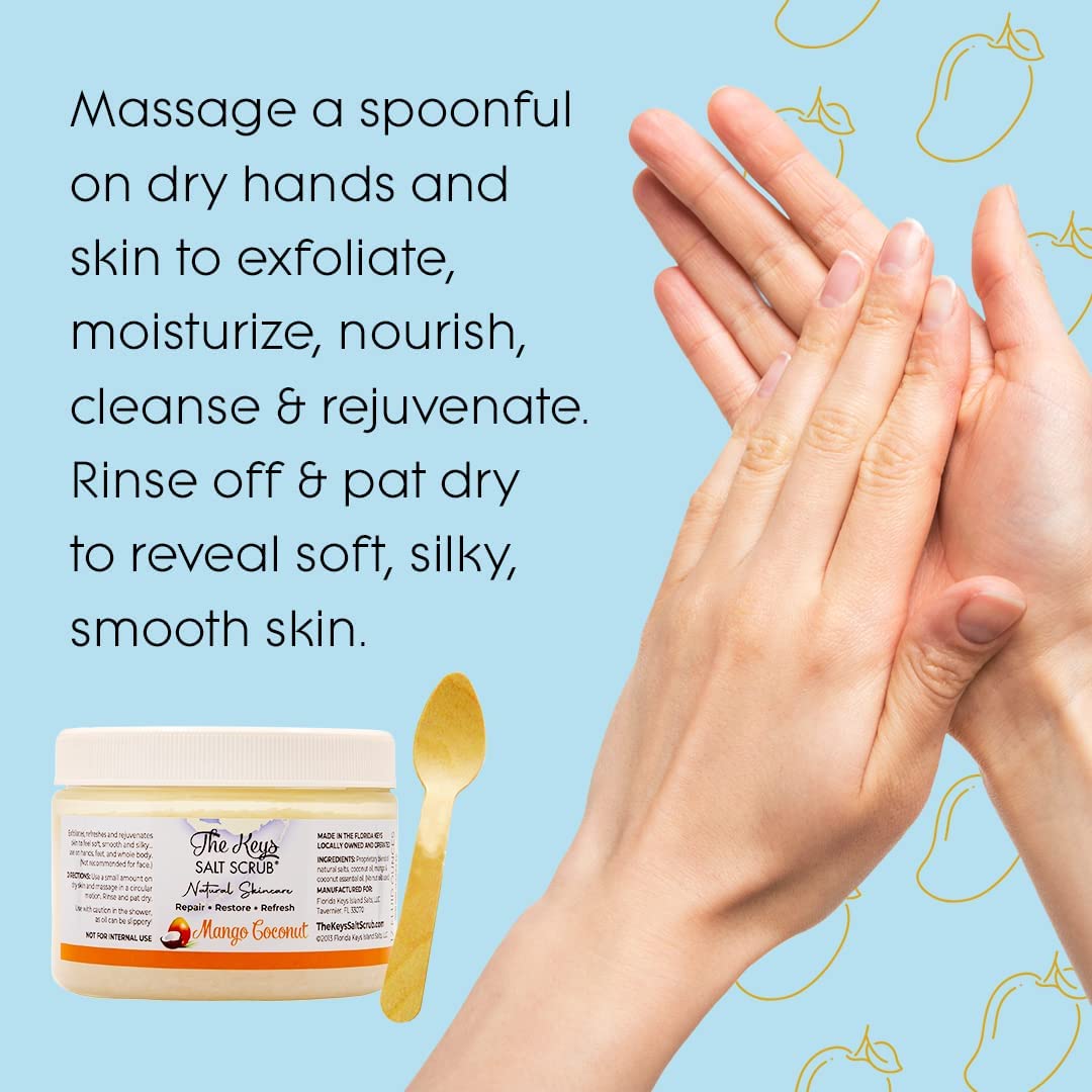 The Keys Salt Scrub -Sea Salt Scrub - Exfoliating Body Scrub with Wooden Spoon - Moisturizing Exfoliator for Hands, Foot, Bath, (12 Ounce (Pack of 3), Mango Coconut)