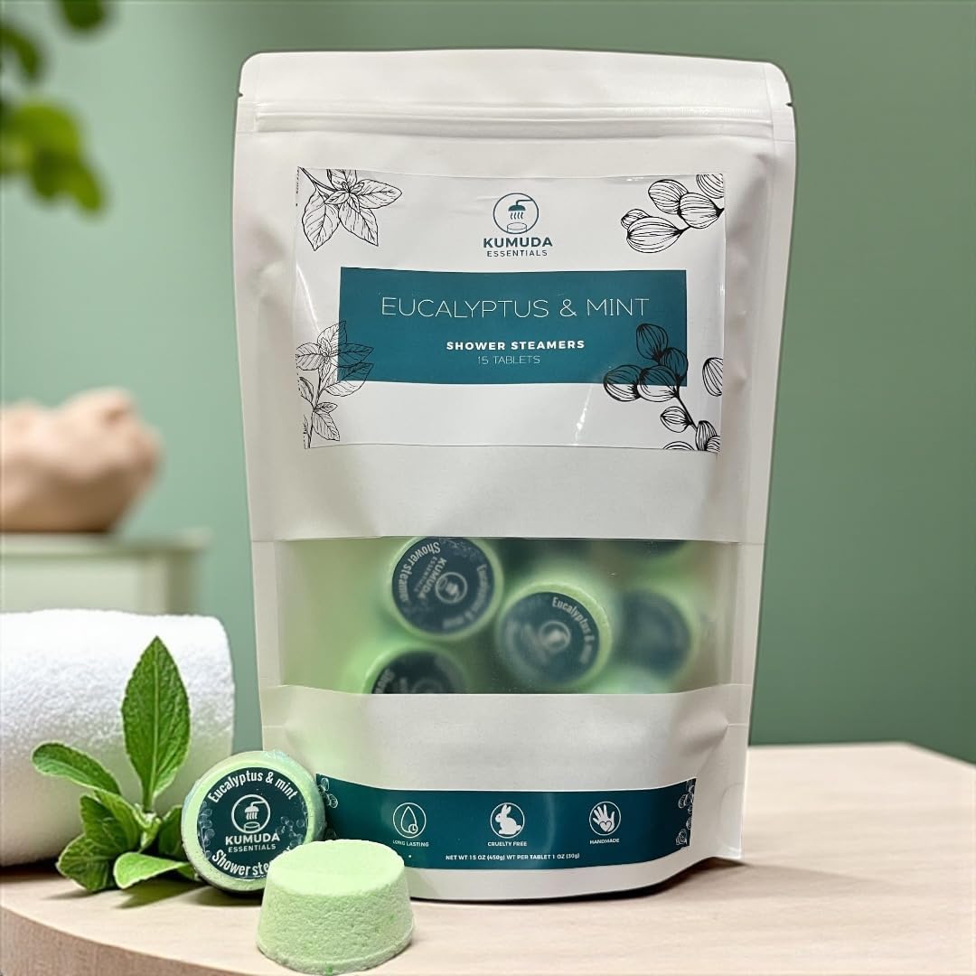 Kumuda Essentials Shower Steamers Pack of 15 Eucalyptus and Mint Aromatherapy Tablets Gift for Women, Birthday, Anniversary (30g Each)