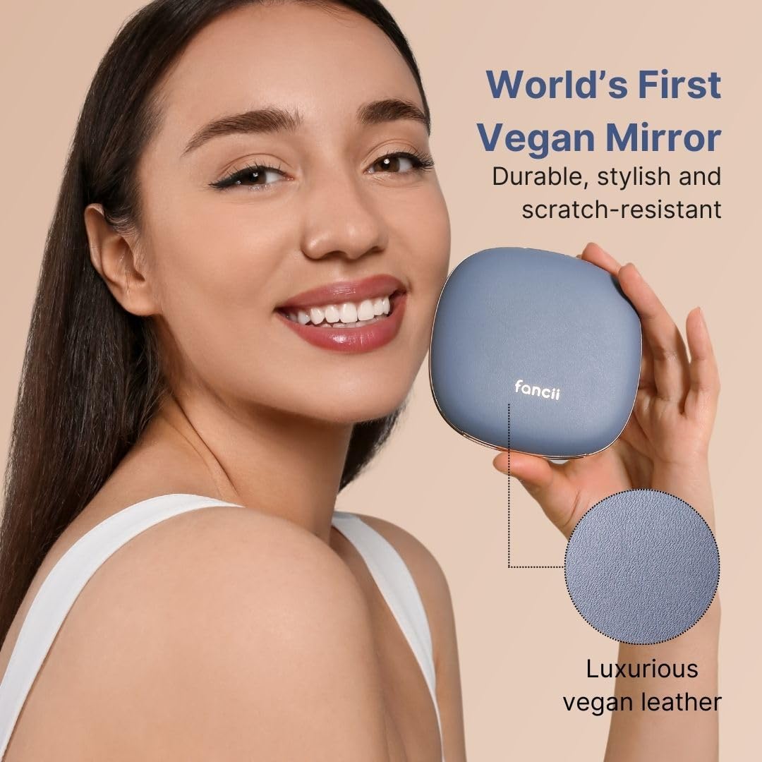 Fancii Mila 2 LED Lighted Compact Makeup Mirror, Rechargeable, 10x /1x Magnifying, Tru-Glow Light System, Vegan Leather, Small Travel Mirror for Purses (Harbor Blue)