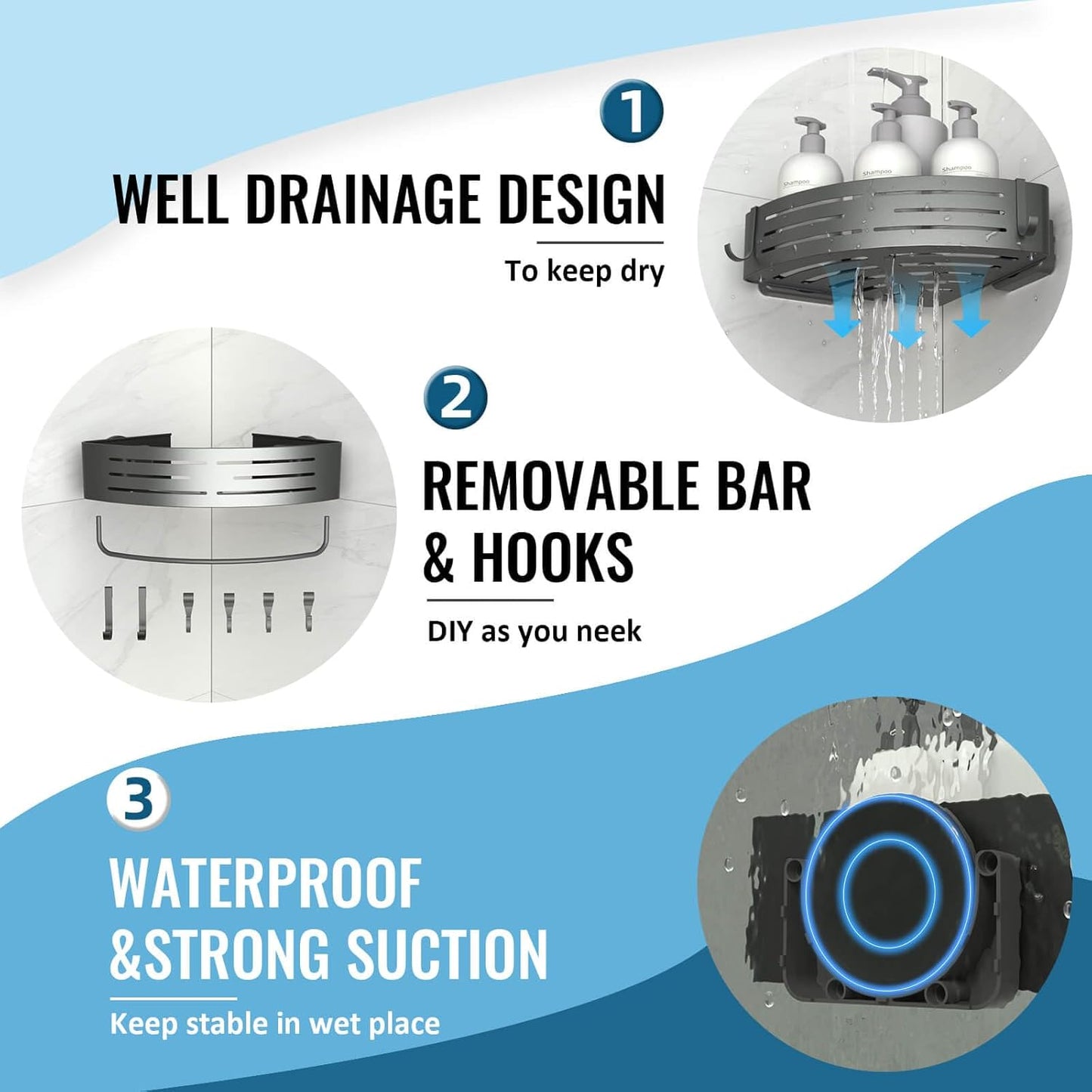 Onemake Corner Shower Caddy Suction Cup, Aluminum Wall Mounted Organizer Shelves Storage Rack with Towel Bar for Small Bathroom Grey