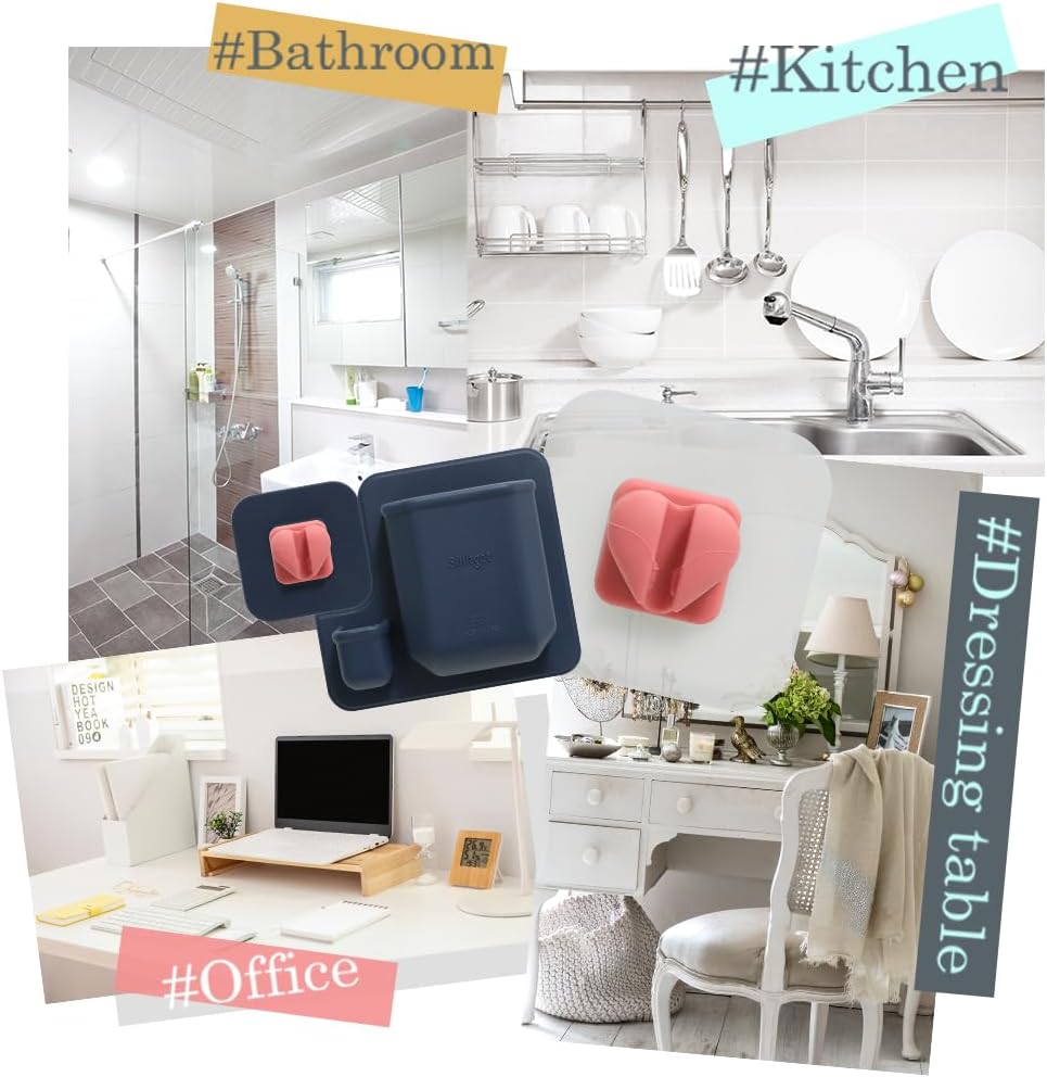 Silicone Wall Mounted Organizer - Made in Korea, BPA Free - Storage with Hook - Bathroom and Living Room, Remote Control & Shower Caddy (Puppy Hook(Navy), Poket Holder(Navy))