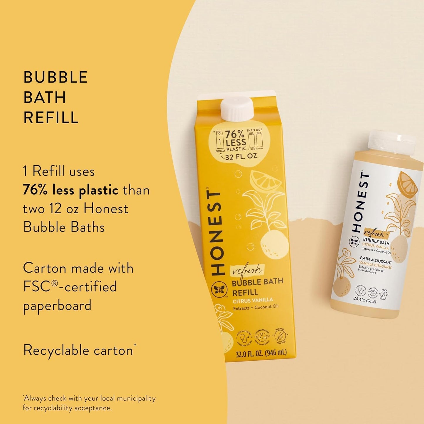 The Honest Company Foaming Bubble Bath Refill Carton | Gentle for Baby | Naturally Derived, Tear-Free, Hypoallergenic | Citrus Vanilla Refresh, 32 fl oz