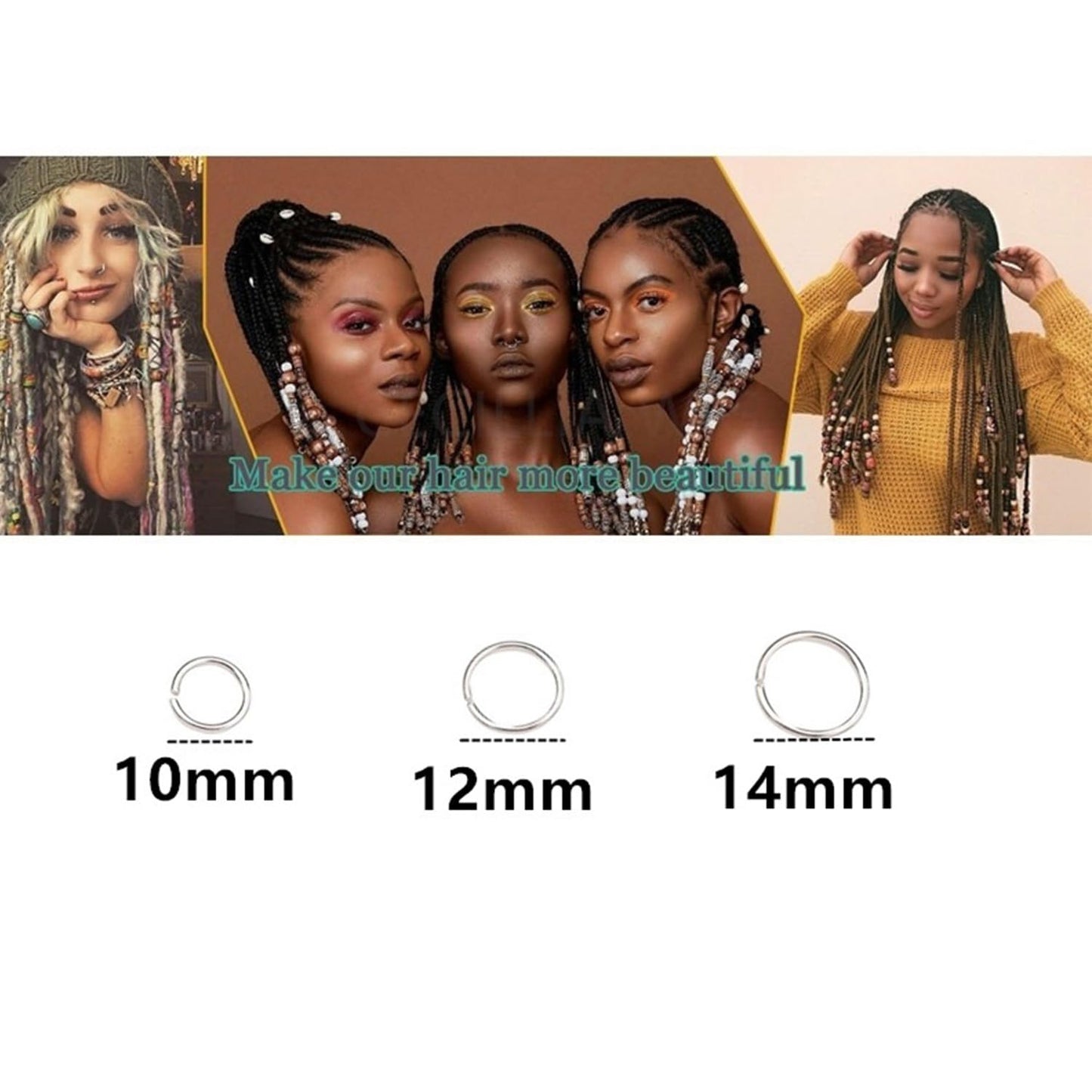 SEVENHEAD 50 Pcs Dreadlock Beads Hair Accessories Circle Rings Adjustable Cuffs Braiding Hair Decoration Clips Metal Hair Decoration for Braids(KC Gold 1mm*10mm)