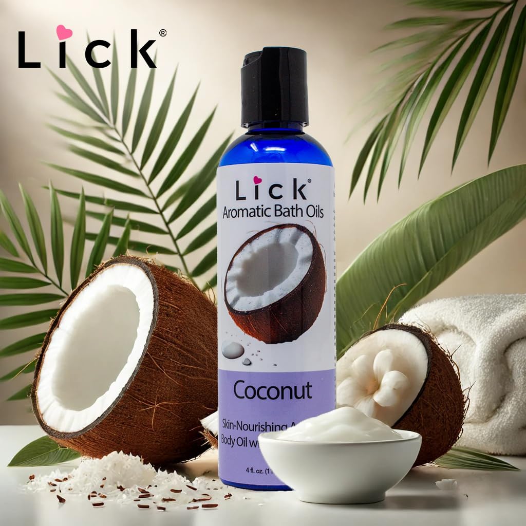 Lick Coconut Aromatic Bath Oil - Natural Sweet Almond, Vitamin E & Jojoba Oils for Luxurious Experience for Women. Moisturizes Dry Skin, 12 Enchanting Aromas, Paraben Free, Made in USA 4 fl oz