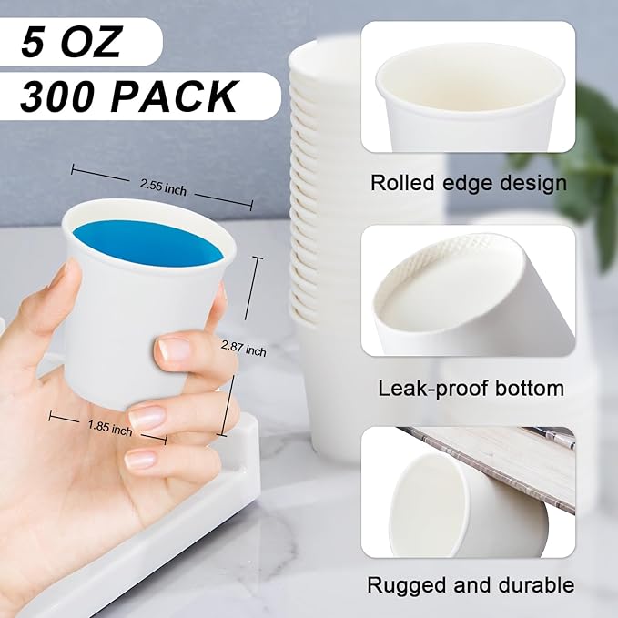 SIUQ 300 Pack 5 oz Paper Cups, White Disposable Paper Cups, Small Bathroom Mouthwash Cups, Hot/Cold Drinking Cup for Bathroom, Home, Party, Office, Picnic, Travel