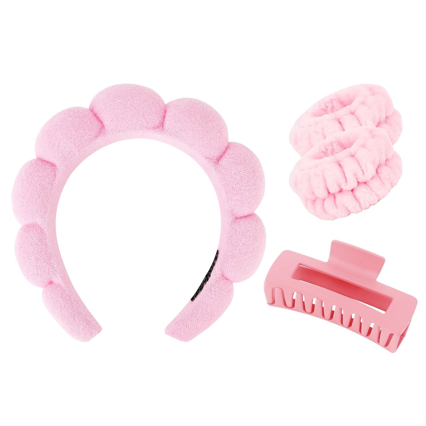 Wecoe Spa Headband And Wristband Set Skincare Headband For Washing Face Hair Claw Clips For Thick Hair Cute Pink Puffy Sponge Makeup Bubble Head Band Wrist Towels Scrunchies For Women Girls