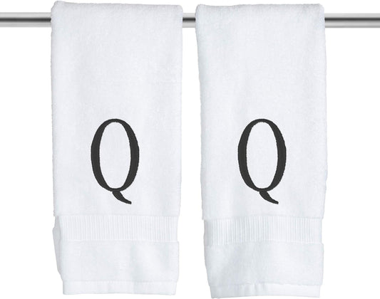 Black Powder Room Hand Towel - Monogram Initial Hotel Quality Decorative Embroidered Luxury Towel for Spa - GOTS Organic Certified - Set of 2 Letter Q