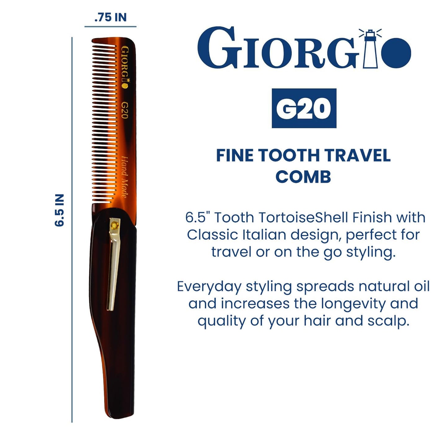 Giorgio G20 Folding Mustache and Beard Comb 6.5 Inch - Fine Tooth Travel Comb for Everyday Styling and Hair Care - Handcrafted Sawcut and Hand Polished (TortoiseShell)