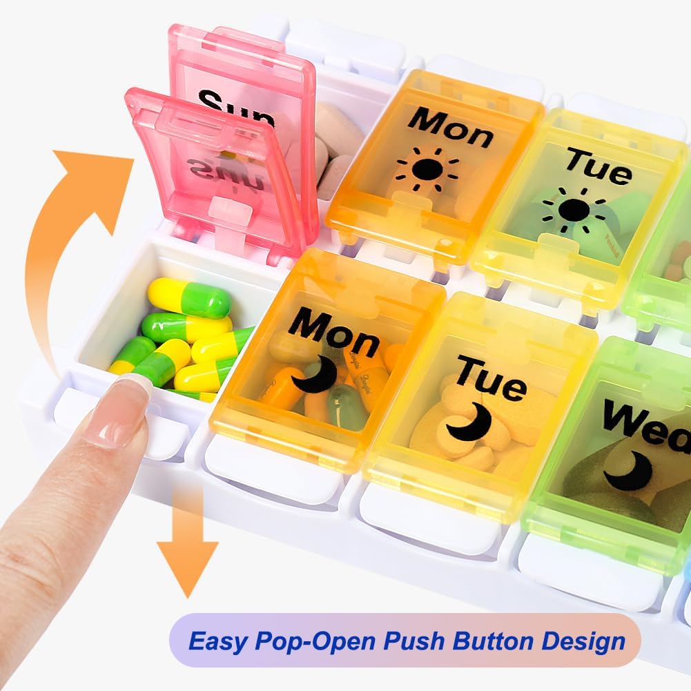 HRX Package Medicine Pill Boxes 7 Day AM/PM, Easy Fill & Open Medication Organizer Vitamin Reminder Holder Day and Night