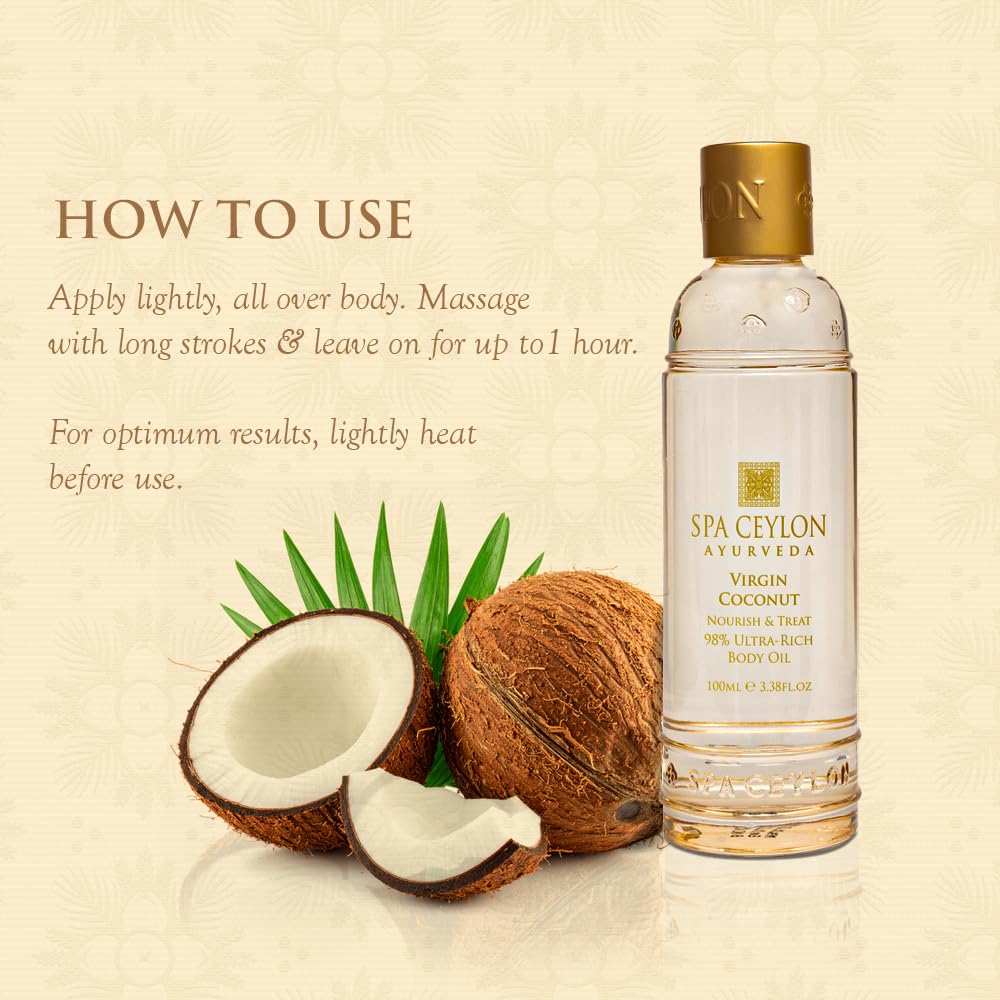SPA CEYLON Virgin Coconut Nourish & Treat 98% Ultra-Rich Body Oil | 100% Pure and Natural | Organic Virgin Coconut Oil | Soften & Smooth | Cold Pressed | 100ml