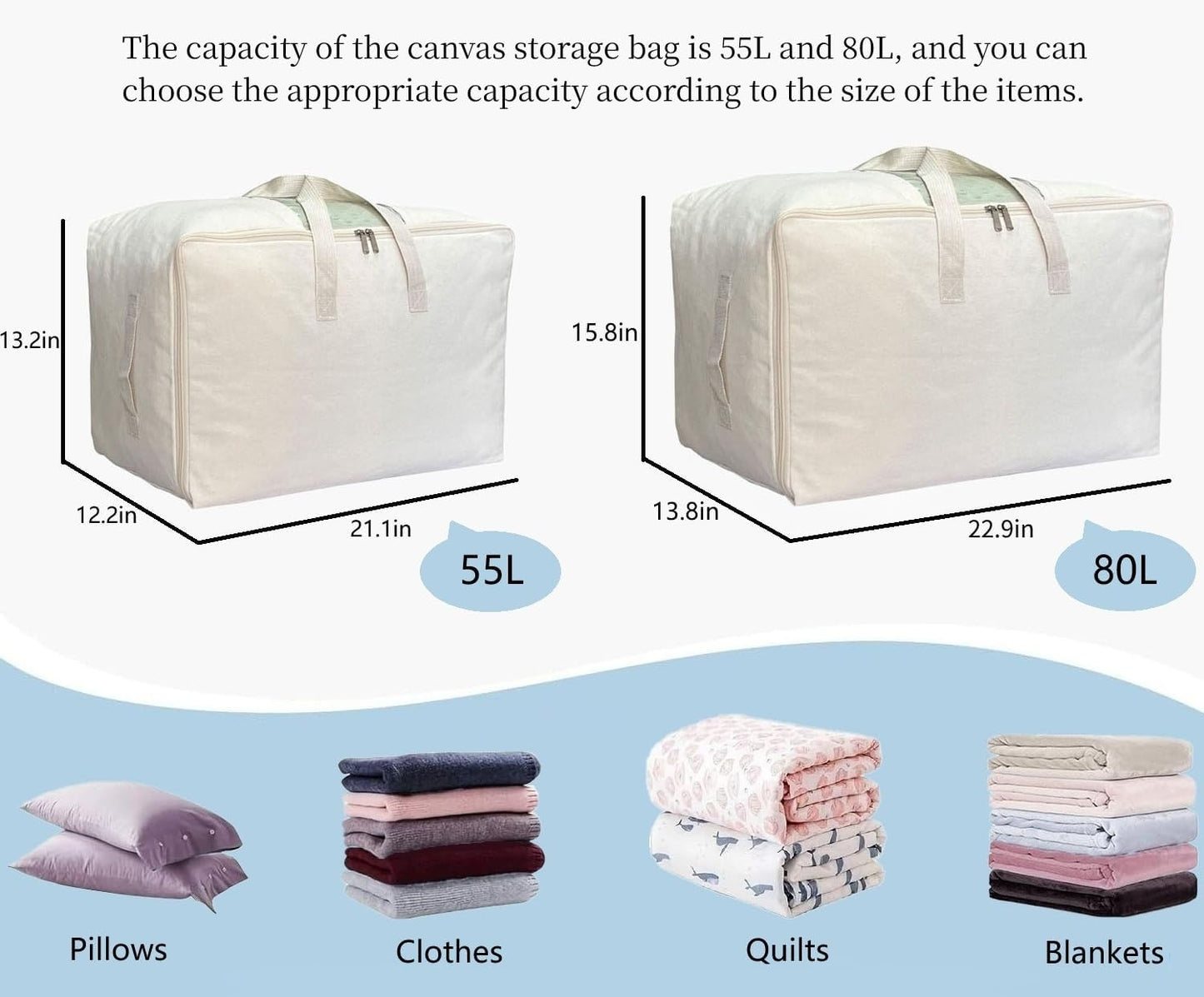 Soft Large Canvas Storage Bags with Zipper and Clear Window, Cotton Linen Storage for Pillows, Quilt, Blankets and Comforter, 80L, 4 Pack, Beige