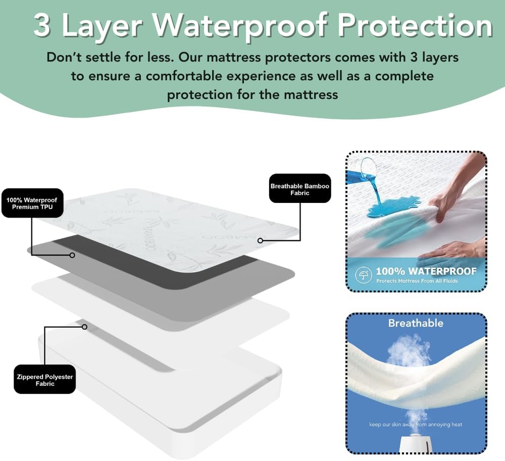 Bamboo Rayon Mattress Protector with Zipper +1 Pillow Protector - 100% Waterproof Cooling Twin Size Cover - Ultra Soft Fabric Breathable Noiseless Mattress Pad Covers Zippered Encasement
