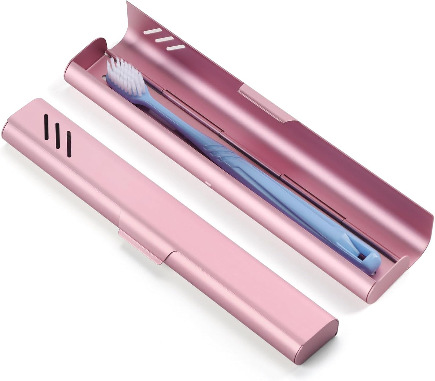 Travel Toothbrush Case, Portable Toothbrush Holder, Durable Aluminum Toothbrush Storage Box, Small Breathable Manual Toothbrush Container for Traveling, School, Camping, Business Trip - Pink