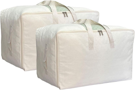 Soft Large Canvas Comforter Storage Bags with Four Carrying Handles and Clear Window, Closet Organizer for Clothing, Blankets Sheets Pillows and Bedding, 80L, 2 Pack, Beige