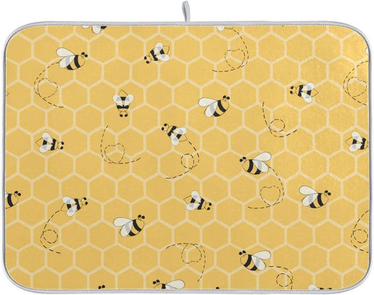 Funny Bees Honey Dish Drying Mat 18x24 for Kitchen Counter Yellow Bumblebee Beehive Dishes Pad Absorbent Fast Dry Dish Draining Mats Large Kitchen Accessories