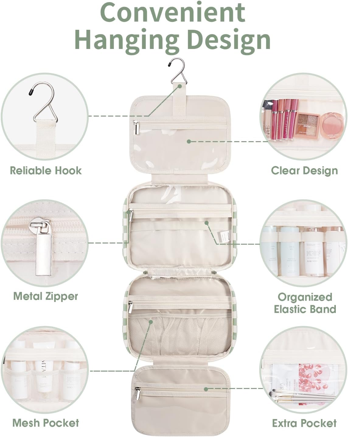 Narwey Hanging Toiletry Bag for Women Travel Checkered Makeup Bag Organizer Toiletries Bag for Travel Size Essentials Accessories Cosmetics (Mint Green Checkerboard (Medium))