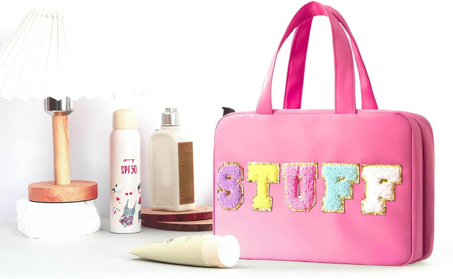 Toiletry Bag with Hanging Hook Chenille Letter Cosmetic Bag Spacious Travel Bag Water-resistant Makeup Bag for Store Toiletries Cosmetic Accessories and Sets for Women Rose Red