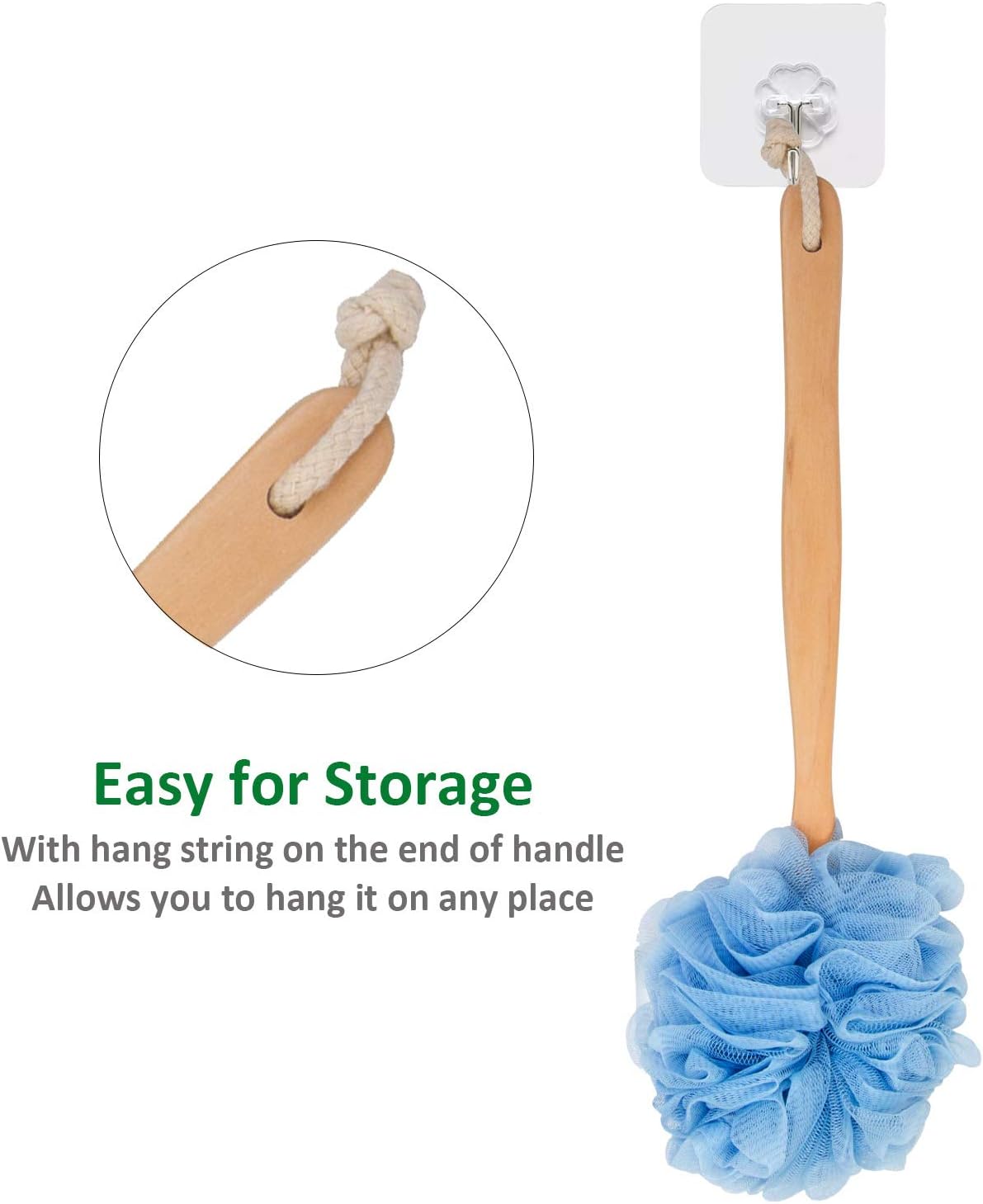 Loofah Back Scrubber for Shower, Wooden Long Handle Bath Sponge Lufa Shower Brush, Soft Nylon Mesh Back Cleaner Washer, Women & Men Exfoliating Luffa Pouf on a Stick for Body (Blue)