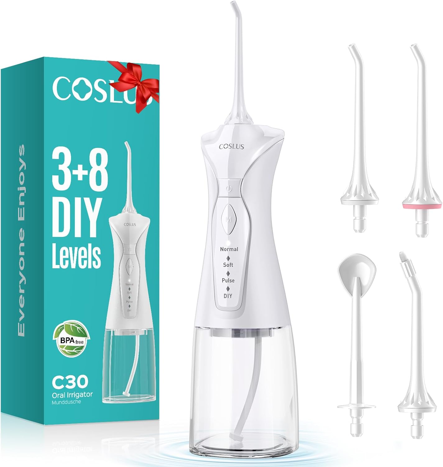 COSLUS Water Dental Flosser Pick for Teeth: 4 Modes Cordless Portable 300ML Larger Tank Water Teeth Cleaner IPX7 Waterproof Flossing Cleaning Picks for Home Travel White C30(FC5360)