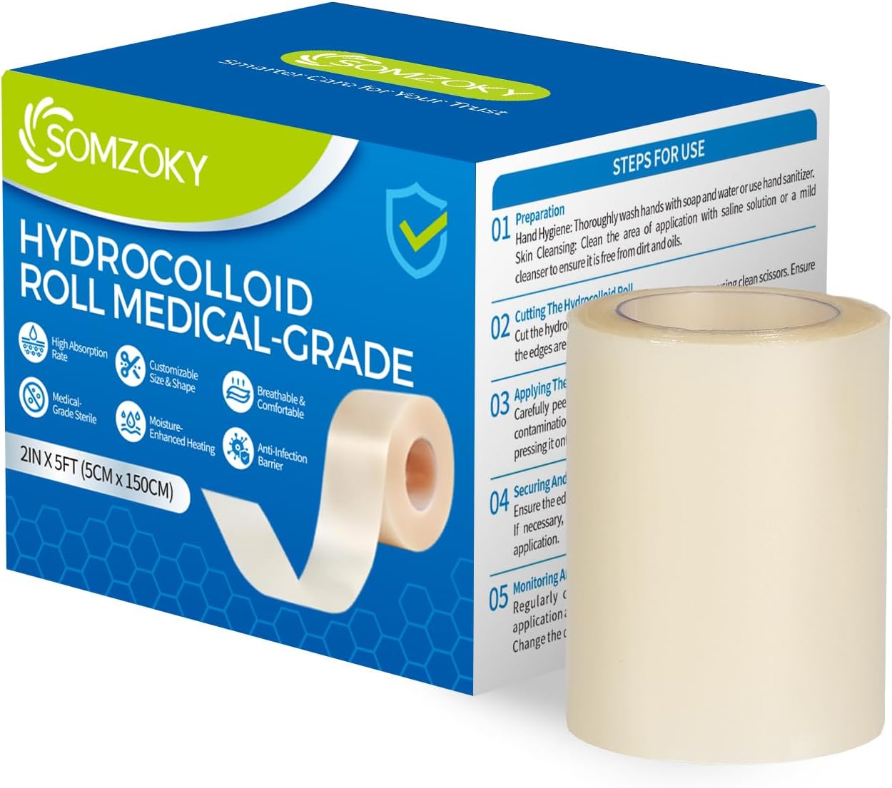 Hydrocolloid Bandages Roll, 2in x 5ft Large Wound Dressing with Self-Adhesive, Fast Healing Patch for Acne, Pimples, Cuts, Burns, Blisters & Minor Wounds, Waterproof & Sterile Protection
