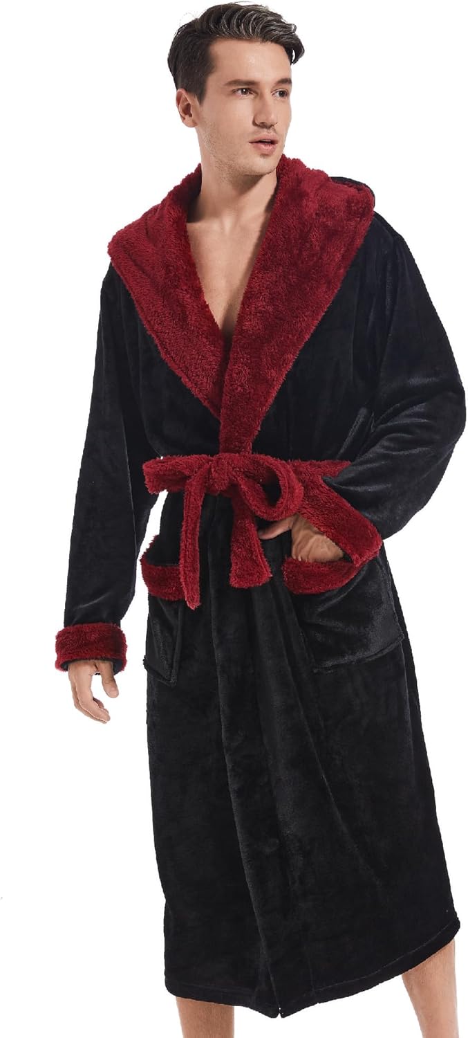 Inner Wish Mens Hooded Robe, Plush Long Bath robes Cozy Warm Bathrobe Fuzzy male Spa Robe With Pockets