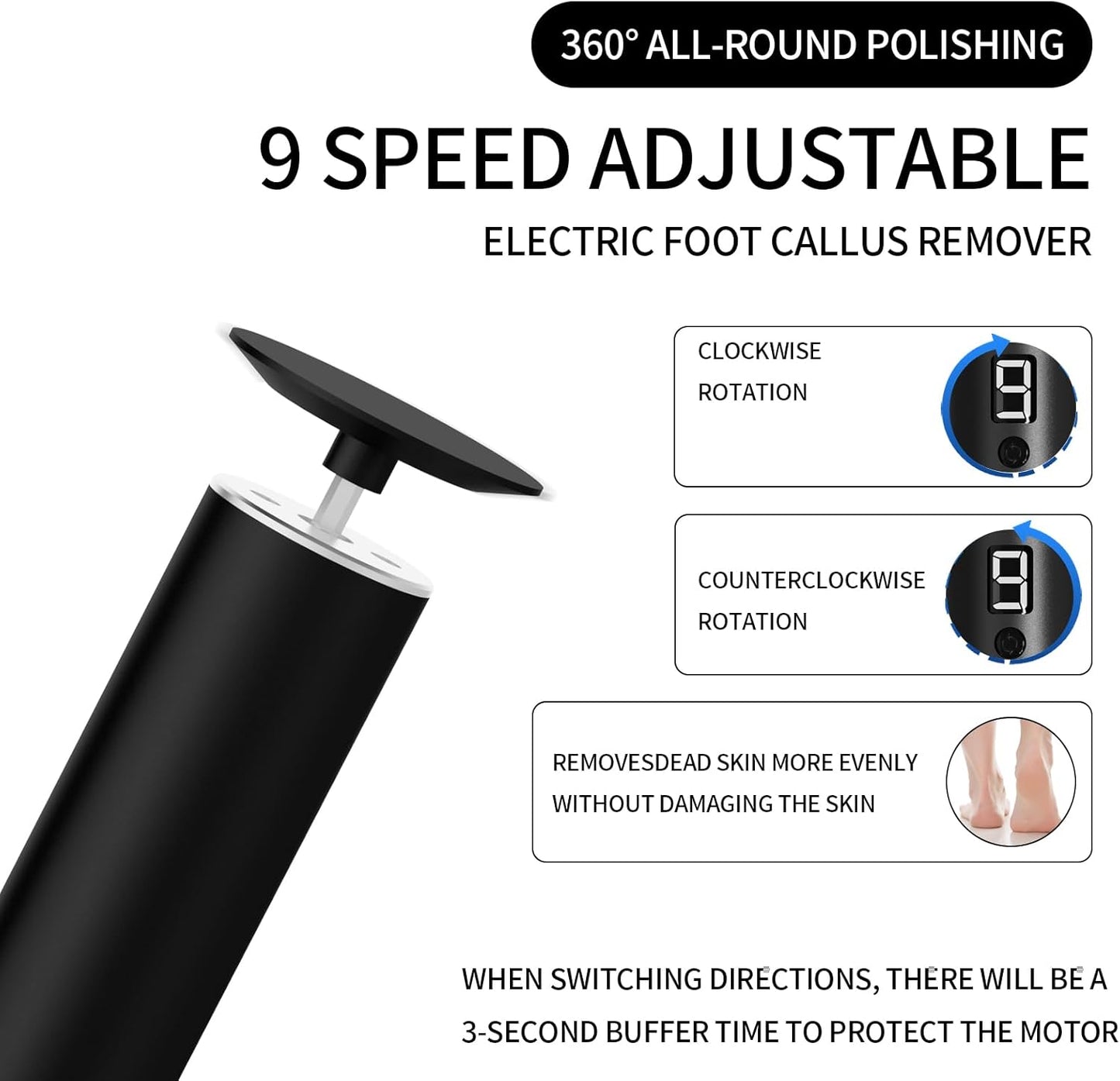 Professional Electric Foot File Tool -Callus Remover Rotating Grinder,1200mAh Rechargeable Battery, 1-Hour Continuous Use, Foot Drill & Sander,Adjustable Speed Foot Files for Deadskin(Black)