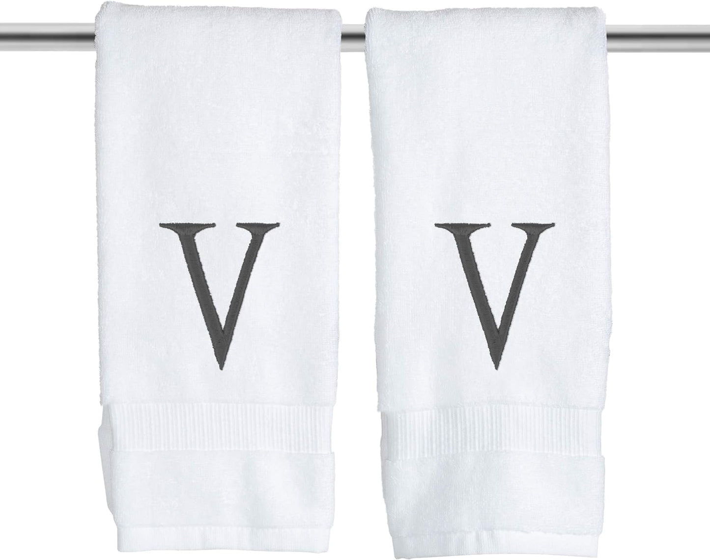 Dark Gray Initial Hand Towel for Bathroom - Monogrammed Luxury Hotel Quality Decorative Embroidered Towel for Powder Room, Spa - GOTS Organic Certified - Set of 2 Letter V