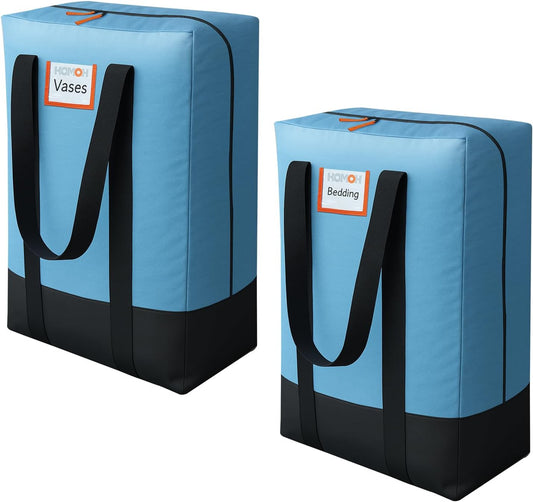2 Pack Moving Bags, Heavy Duty Storage Bags with Zipper, Extra Large Packing Bags with Internal Compression Straps, Wrap Around Handles, Alternative to Moving Boxes, Blue and Black