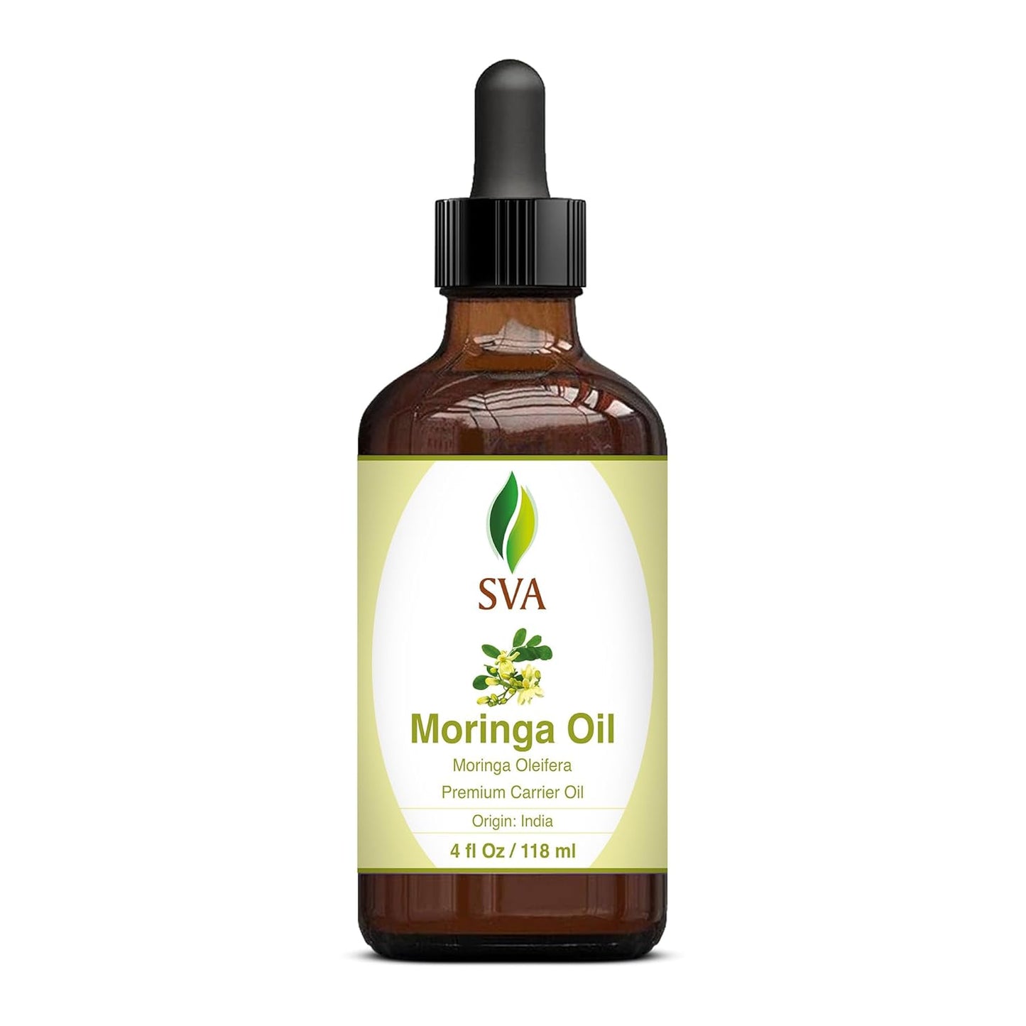 SVA Moringa Seed Oil - 4 Fl Oz – 100% Natural Cold Pressed Moringa Oil - for Face, Skin Care, Hair Care, Scalp Massage & Body Massage – Carrier Oil with Dropper