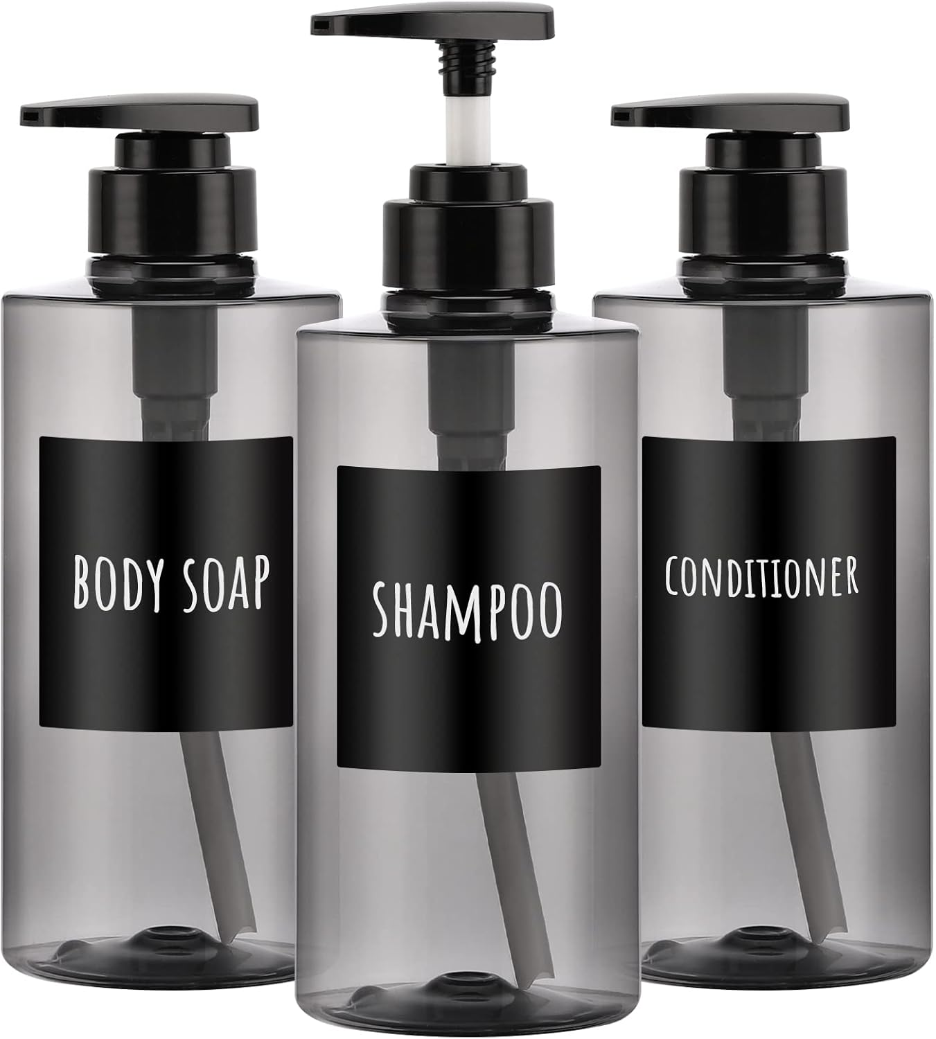 Segbeauty Shower Bottles Refillable, 3pcs 16.9oz/500ml Liquid Dispenser with Labels, Empty Plastic Lotion Pump Press Bottles for Shampoo, Conditioner, Body Soap, Hand Soap, Bathroom, Hotel - Gray
