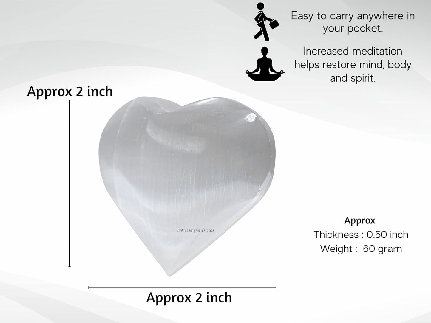 Selenite Crystal Heart Palm Stone - Pocket Massage Worry Stone for Natural Body Chakra Balancing, Reiki Healing and Crystal Grid