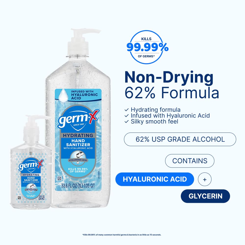 Germ-X Hand Sanitizer, Hydrating with Hyaluronic Acid, 8 Fl Oz Pump (Pack of 6) Instant & No Rinse Formula for All Skin Types, Back to School Supplies, Formulated without Parabens, Phthalates & Dyes