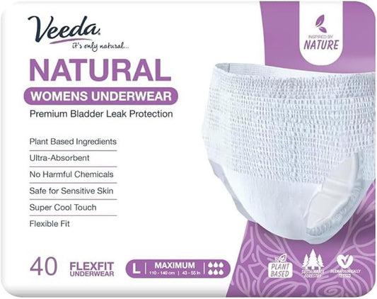 Veeda Natural Adult Incontinence Underwear for Women - Postpartum Underwear for Bladder Leakage Protection - Disposable Underwear with Maximum Absorbency - Large Size - 40 Count