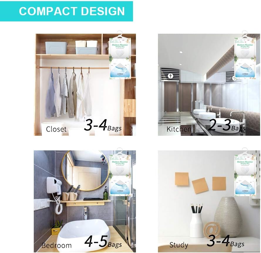 CANAGER Hanging Moisture Absorber-12 Packs, Hanging Dehumidifier Bags for Closet,Bedroom and kitchen,Fragrance Free,Moisture Absorb 12.5OZ