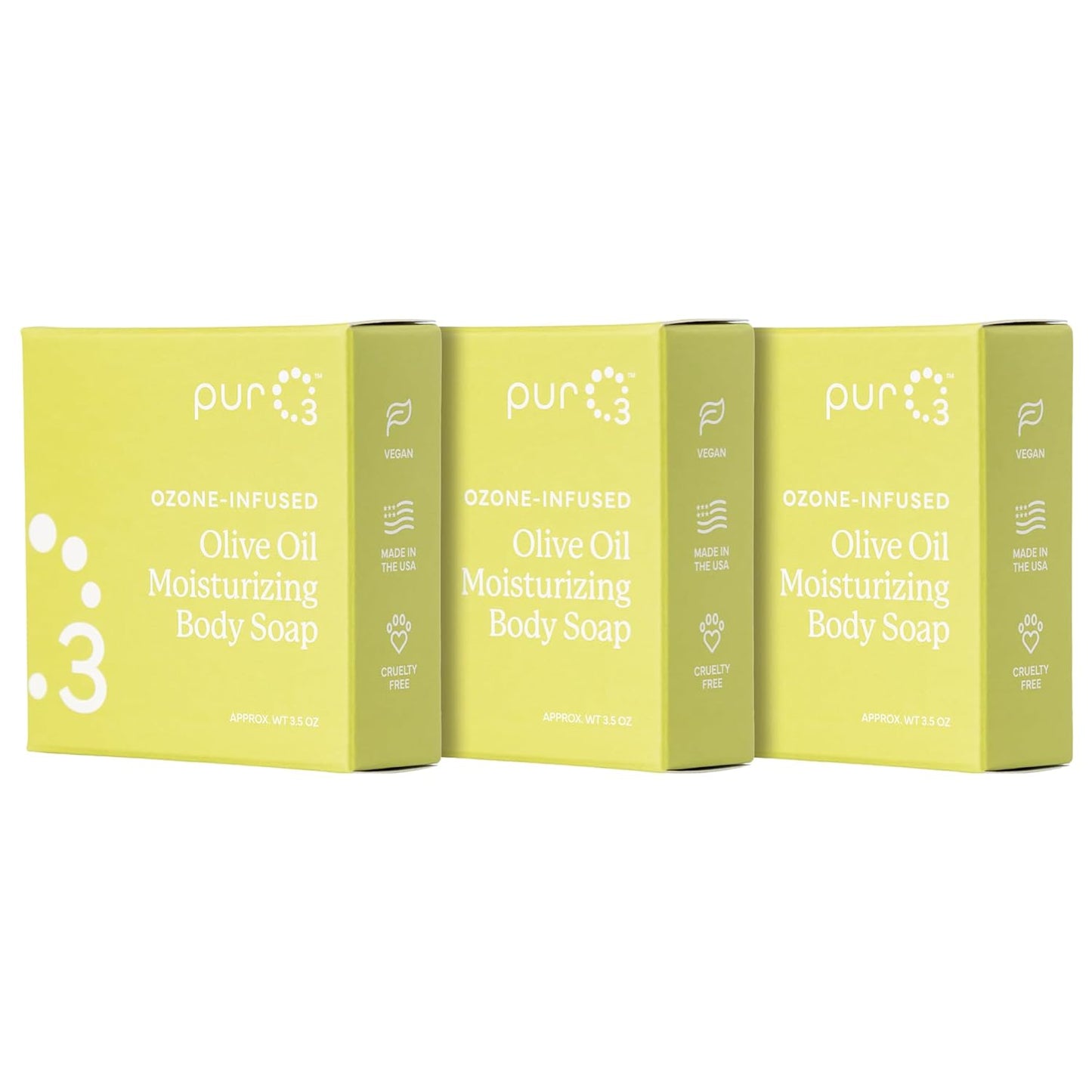 PurO3 Ozonated Olive Oil Soap 3-Pack – Handcrafted Organic Body Wash – Natural Vegan Bars for Women & Men – Gentle, Biodegradable, Non Toxic Cleanser for Shower & Bath, 3.5 oz Bar Set