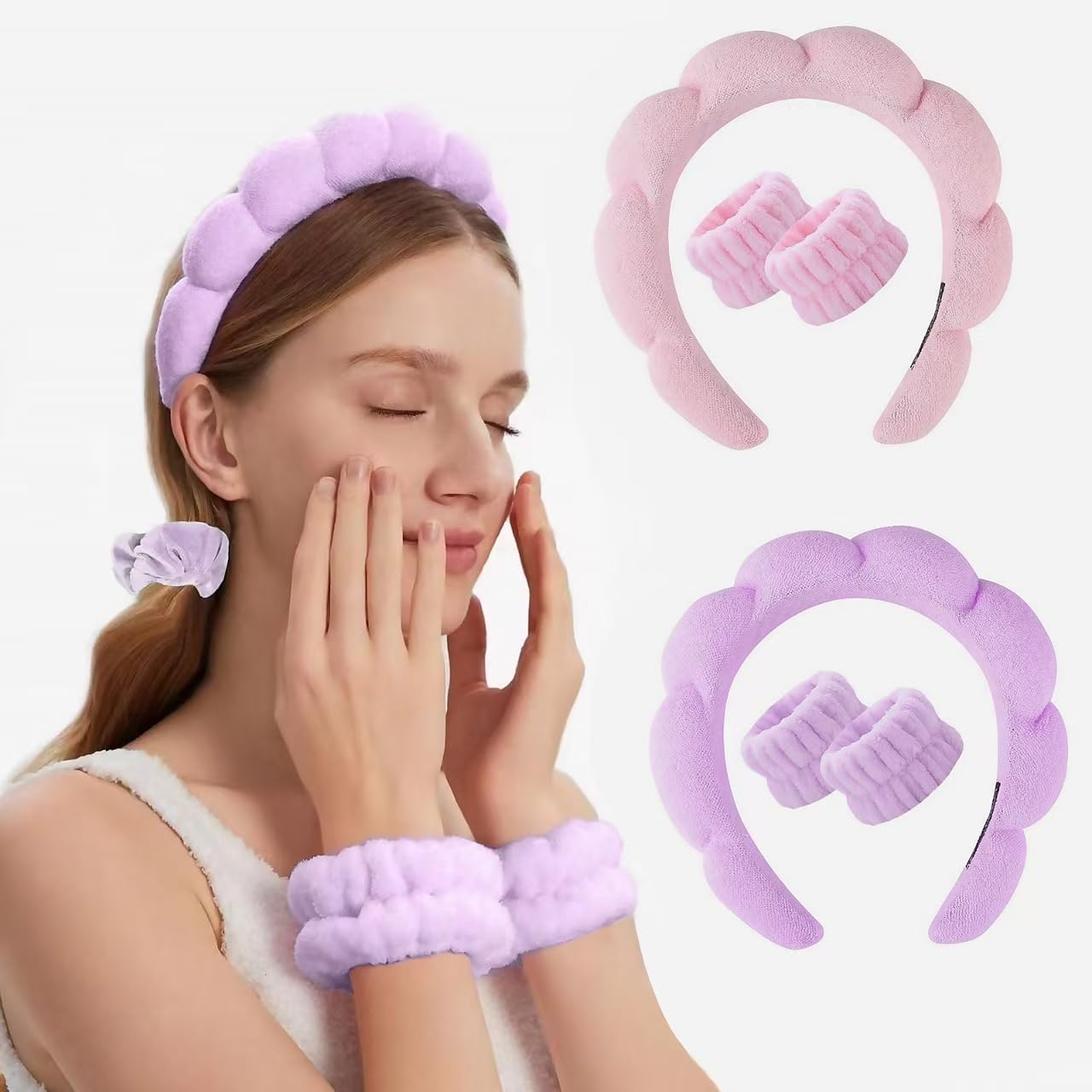 Spa Headband and Wristband Set for Women,Terry Cloth Sponge Headband for Washing Face,Makeup,Facial Mask and Skincare (Pink,Purple, One Size)
