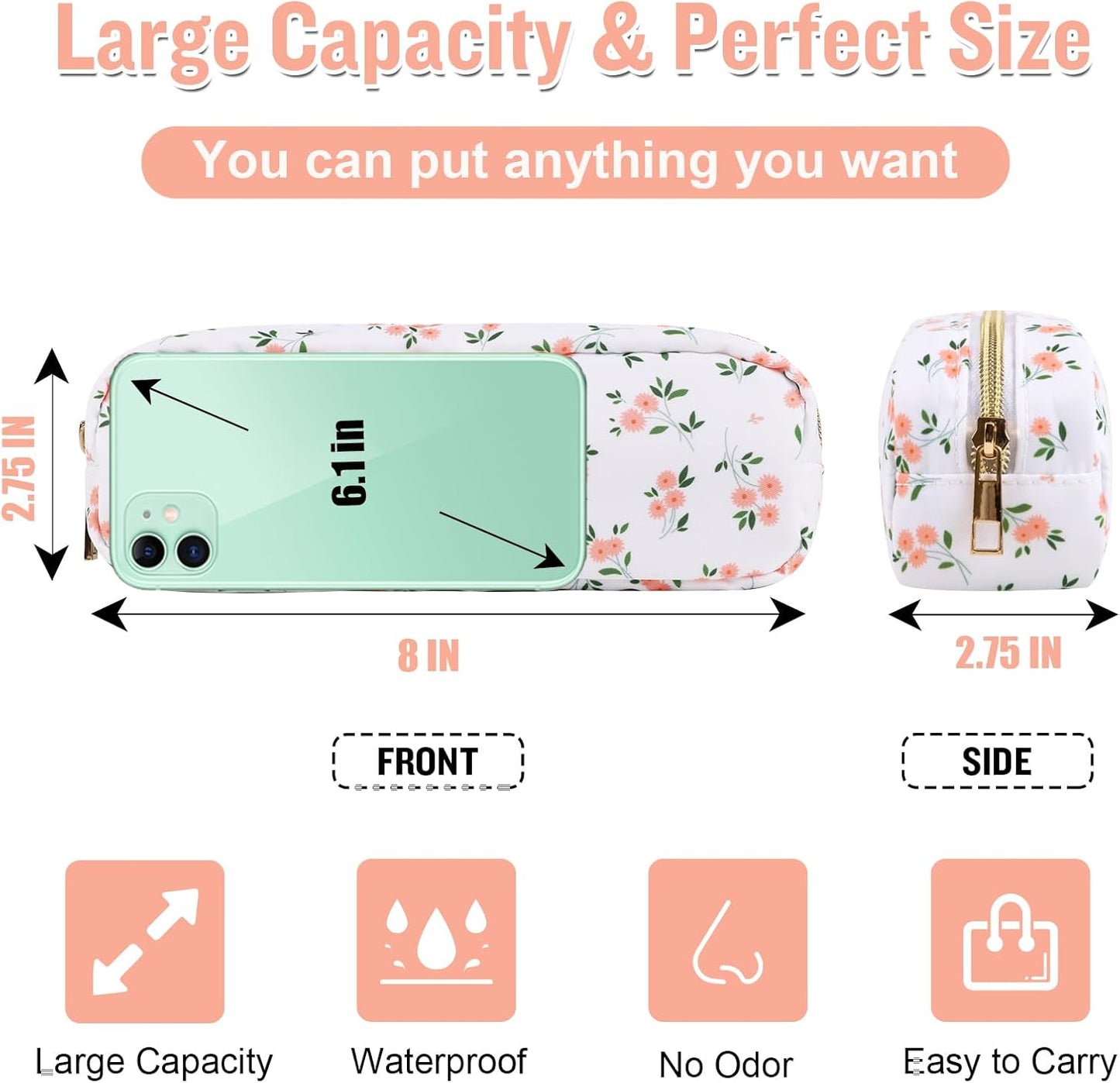 izuzta Nylon Small Floral Makeup Bag Slim Pouch, Preppy Cute Makeup Brush Case Bag Cosmetic Zipper Pouch Purse, Waterproof Travel Toiletry Bag Coin Pouch Make Up Organizer Women Girls(White-Floral)