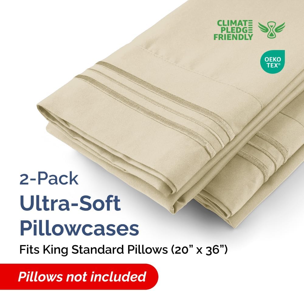 King Standard Pillow Cases Set of 2 - Ultra-Soft Hotel Quality Pillowcase Covers - Comfy, Cozy & Fade Free - Wrinkle Resistant - Machine Washable Pillow Protectors - 2 Piece Set - King Standard Cream