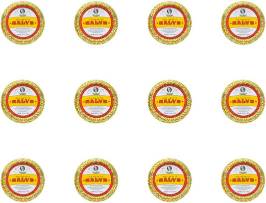 Rawleigh Antiseptic Salve Iconic Yellow Big Tin: 4.5 oz, Multi-Purpose Ointment Soothes Cuts, Bruises, Irritations, with Turpentine, Phenol, Cottonseed Oil & Paraffin, Original Formula - Pack of 12