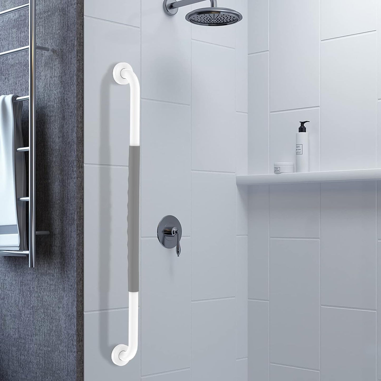 32 Inch Anti Slip Shower Grab Bar, Munzong White Stainless Steel Bathroom Grab Bar w/Gray Rubber Grip, Bathroom Balance Bar,Safety Handrail Support,Handicap Elderly Senior Assist Bath Handle