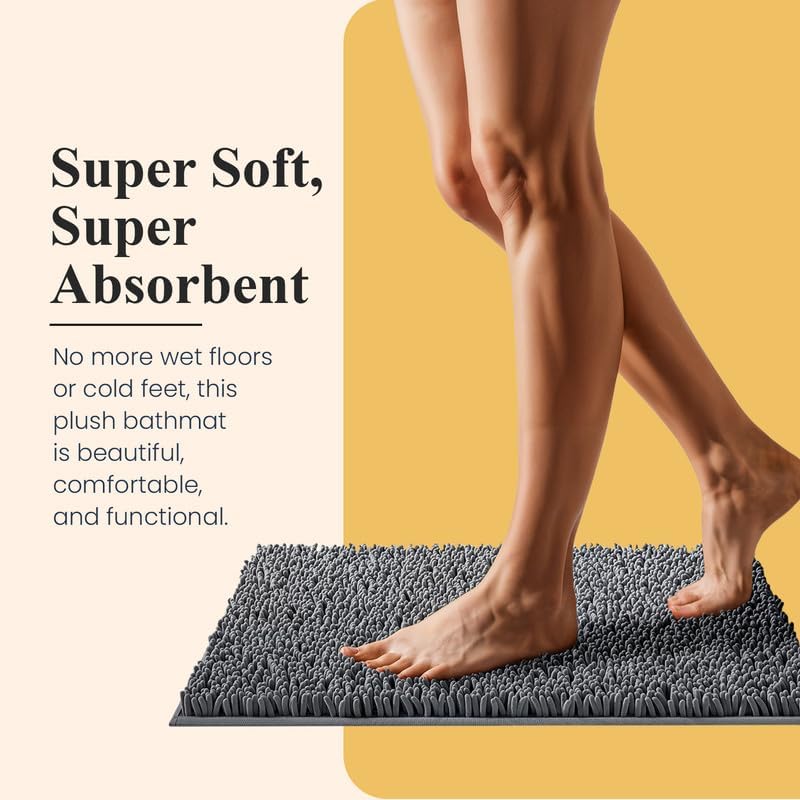 MAYSHINE Plush Shaggy Chenille Bath Mat | Extra Soft, Super Absorbent, Non-Slip Bathroom Rug | Fluffy Microfiber, Area Rug Sets for Bathroom Floor, Kitchen, Living Room | 59"x31" | Grey