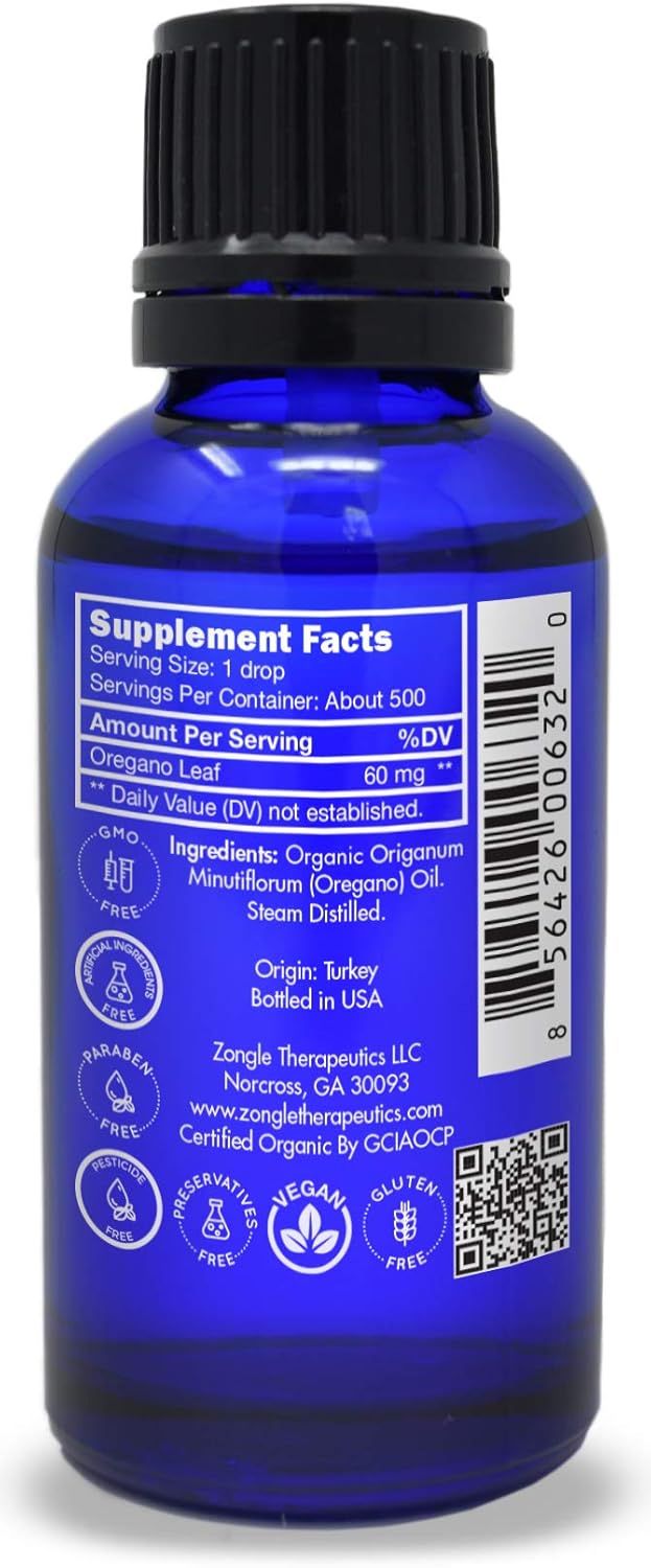 Zongle Therapeutics Organic, Oregano Oil, Food Grade, Safe for Ingestion, Edible, for Drops, Kids – 100% Pure, Oregano Essential Oil, 1 OZ