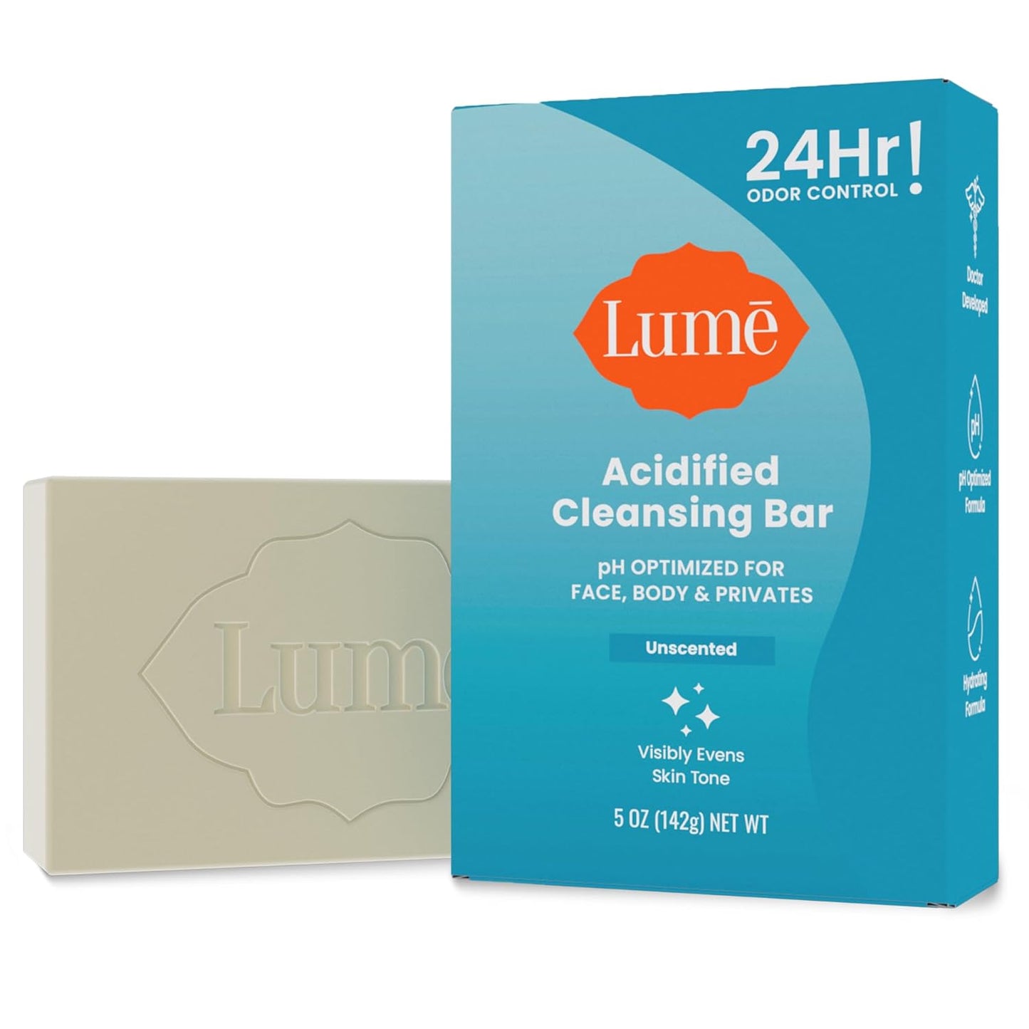 Lume Acidified Body Cleansing Bar - 24 Hour Odor Control - Removes Odor Better than Soap - Moisturizing Formula - Formulated Without SLS or Parabens - OB/GYN Developed - 5 ounce (Unscented)
